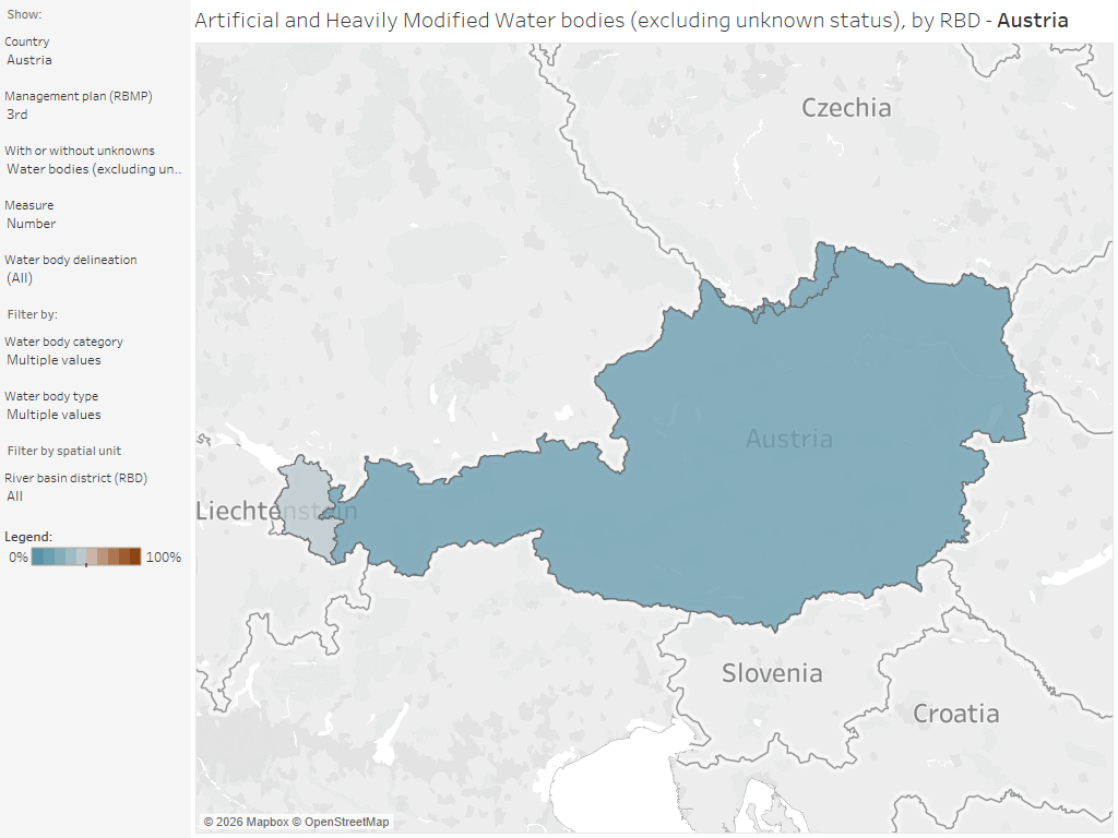 Surface water bodies: Proportion of heavily modified and artificial water bodies, by country and RBD [map]