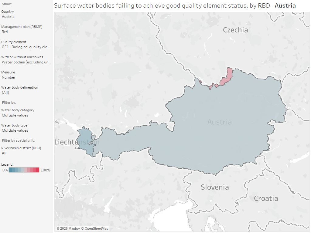 Surface water bodies: Proportion failing to achieve good quality element status, by country and RBD [map]