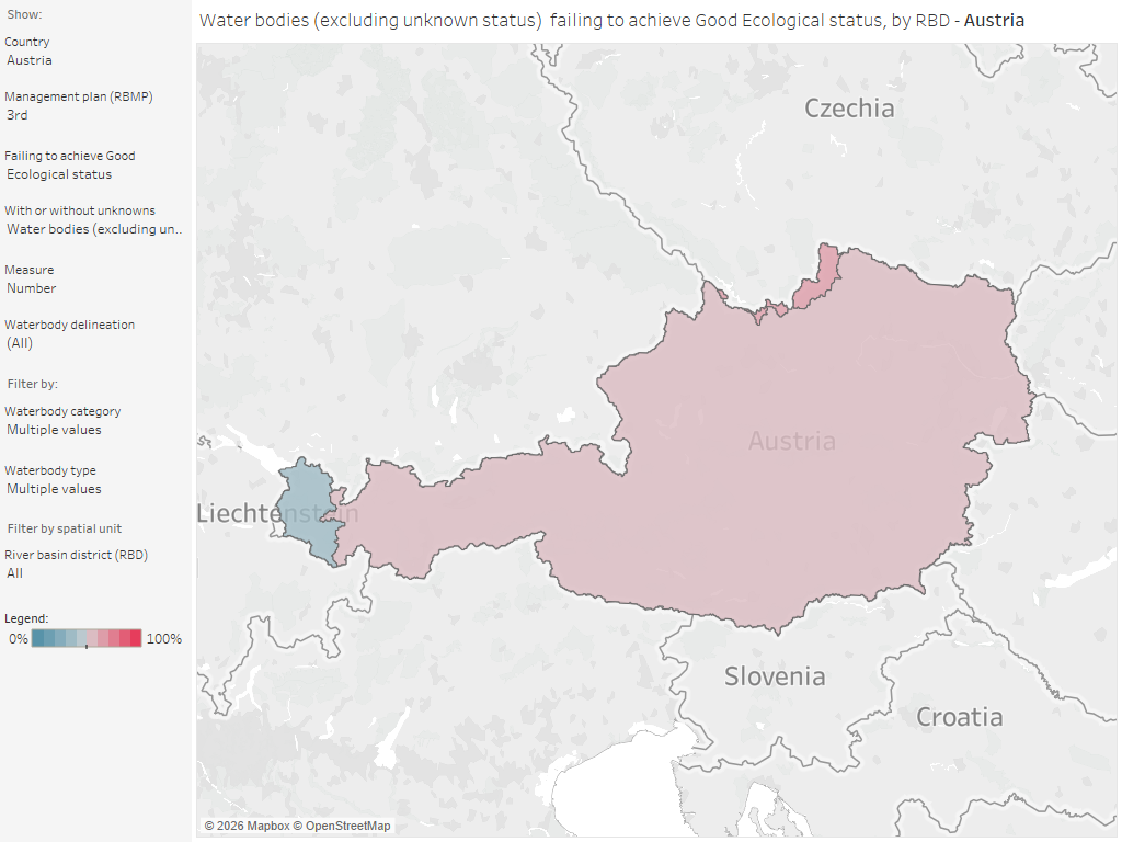 Surface water bodies: Proportion failing to achieve good status, by country and RBD [map]